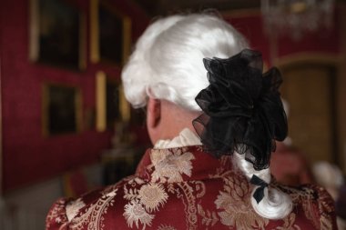 Retro tarzı Kraliyet Ortaçağ topu-Kral ve kraliçeler arkadaş elbiseler gibi fan ve el Puch gibi aksesuarlar ile giyinmiş muhteşem insanlarla Majestic Saray bir çanta-2019