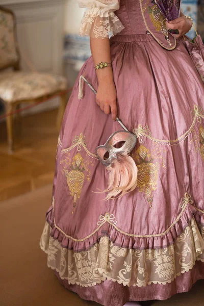 Retro tarzı Kraliyet Ortaçağ topu-Kral ve kraliçeler arkadaş elbiseler gibi fan ve el Puch gibi aksesuarlar ile giyinmiş muhteşem insanlarla Majestic Saray bir çanta-2019