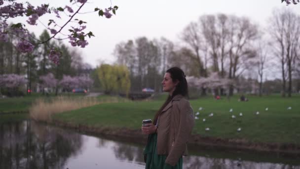 Молодая женщина, гуляющая в парке с цветущей сакурой, пьет кофе из бумажной чашки, мечтая — стоковое видео