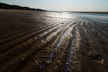 Dokulu kum gibi tatlı - gün batımında beyaz kum ile Baltık denizi körfez plaj