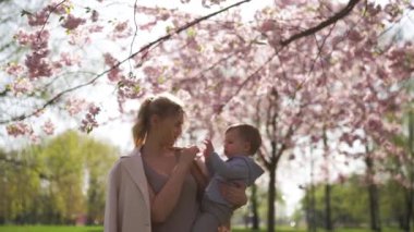 Genç anne düşen pembe yaprakları ve güzel çiçekleri ile çiçek açan Sakura Kiraz ağaçları altında onu küçük bebek erkek çocuk çocuk tutan