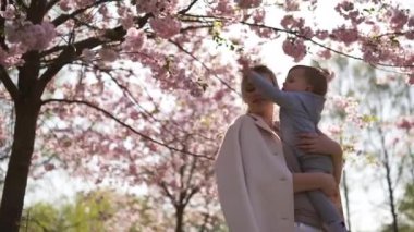 Genç anne düşen pembe yaprakları ve güzel çiçekleri ile çiçek açan Sakura Kiraz ağaçları altında onu küçük bebek erkek çocuk çocuk tutan