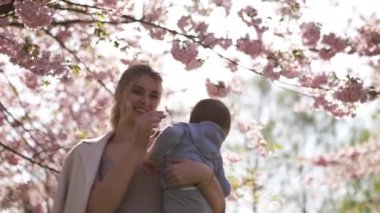 Genç anne düşen pembe yaprakları ve güzel çiçekleri ile çiçek açan Sakura Kiraz ağaçları altında onu küçük bebek erkek çocuk çocuk tutan