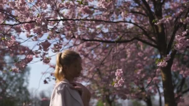 Jonge blanke blanke vrouw genieten van sakura kersenbloesem bloemen boom in de rol in Europa Riga Letland — Stockvideo