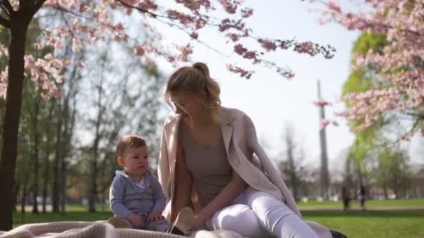 樱花 - 年轻的妈妈妈妈坐在她的小男孩小儿子在里加，拉脱维亚的公园，欧洲 — 图库视频影像