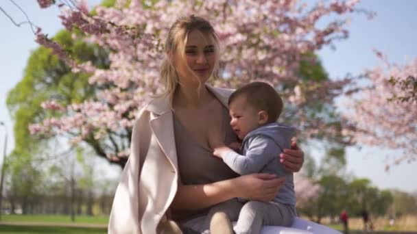 Sakura Cherry Blossom-jonge moeder moeder zitten met haar kleine jongen baby zoon in een park in Riga, Letland Europa — Stockvideo