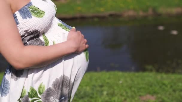 Jonge reiziger zwangere vrouw wandelen, rennen, draaien en geniet van haar vrije tijd in een park met bloeiende sakura kersenbomen in een zomer licht lange jurk met bloem patroon — Stockvideo