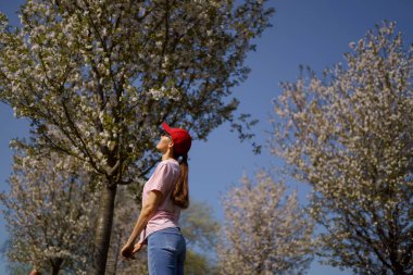 Başarılı iş kadını kot pantolon, pembe t-shirt ve moda kırmızı kap giyen çiçek açan sakura kiraz ağaçları ile bir parkta onu boş zaman sahiptir