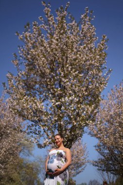 Mutlu genç yakında anne olmak - Genç gezgin hamile kadın çiçek açan sakura kiraz ağaçları çiçek desenli bir yaz ışık uzun elbise giyen bir parkta boş zaman sahiptir