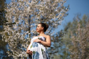 Mutlu genç yakında anne olmak - Genç gezgin hamile kadın çiçek açan sakura kiraz ağaçları çiçek desenli bir yaz ışık uzun elbise giyen bir parkta boş zaman sahiptir
