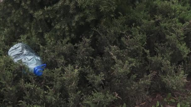 Blue big plastic bottle lying on the ground in tree in a park forest - Thrown out not recycled - Trash and pollution of the city and nature - Decayed rubbish — Stock Video