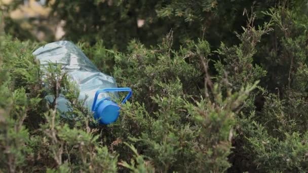 Blue big plastic bottle lying on the ground in tree in a park forest - Thrown out not recycled - Trash and pollution of the city and nature - Decayed rubbish — Stock Video