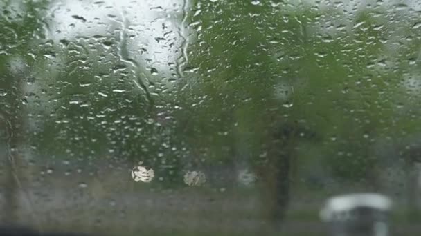 Deštivé a větrné počasí během hurikánu a krupobití-pohled z teplého auta skrz okno čelního skla s dešťové kapky dolů — Stock video
