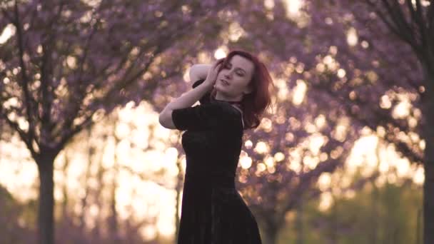 Retrato de la joven bailarina de viaje feliz disfrutando de tiempo libre en un parque de flores de cerezo sakura - Chica pelirroja blanca caucásica - Vestido negro gargantilla, vestido negro y golfos negros — Vídeos de Stock