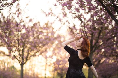 Mutlu genç seyahat dansçı kadın bir sakura kiraz çiçeği parkta serbest zaman zevk - Kafkas beyaz kızıl kız - Giyinmiş siyah chocker, siyah elbise ve siyah golf