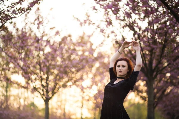 Счастливая молодая танцовщица, наслаждающаяся свободным временем в парке цветения сакуры - белая белая рыжая девушка - Черное платье, черное платье и черные гольфы — стоковое фото