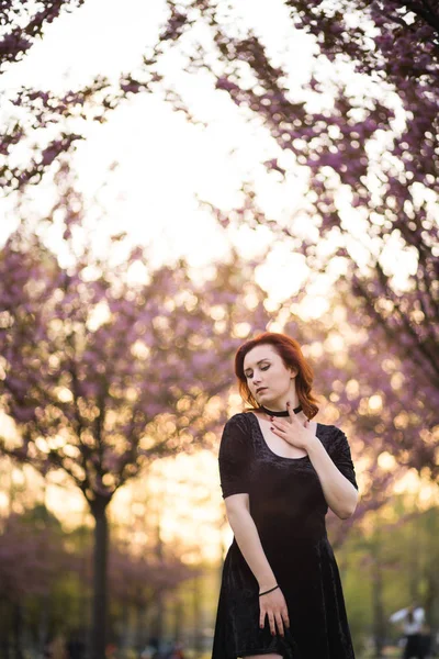 Feliz joven bailarina de viaje disfrutando de tiempo libre en un parque de flores de cerezo sakura - Chica pelirroja blanca caucásica - Vestido chocker negro, vestido negro y golfos negros —  Fotos de Stock