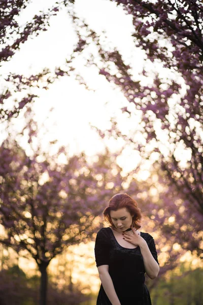 Feliz joven bailarina de viaje disfrutando de tiempo libre en un parque de flores de cerezo sakura - Chica pelirroja blanca caucásica - Vestido chocker negro, vestido negro y golfos negros —  Fotos de Stock