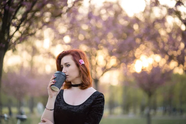 Drikke kaffe fra papir krus kop - Glædelig ung rejse danser kvinde nyder fritid i en sakura kirsebær blomstre park - Kaukasisk hvid rødhåret pige - Stock-foto