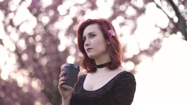 Retrato de la joven bailarina de viaje feliz disfrutando de tiempo libre en un parque de flores de cerezo sakura - Chica pelirroja blanca caucásica - Vestido negro gargantilla, vestido negro y golfos negros — Vídeo de stock