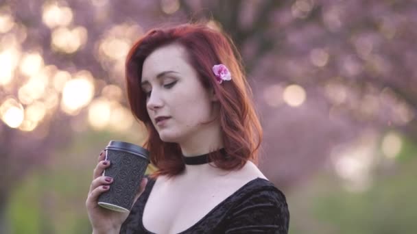 Porträtt av Happy Young Travel dansare kvinna njuter ledig tid i en Sakura Cherry Blossom Park-kaukasiska vita Redhead Girl-klädd svart chocker, svart klänning och svarta Golfs — Stockvideo