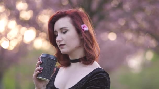 Retrato de feliz jovem dançarina de viagens desfrutando de tempo livre em um parque de flores de cerejeira sakura - menina ruiva branca caucasiana - Amortecedor preto vestido, vestido preto e golfs pretos — Vídeo de Stock