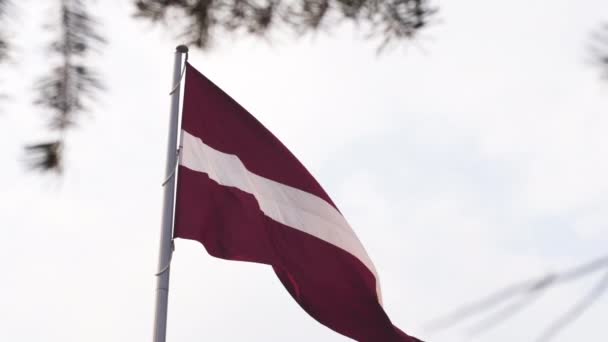 Lotyšská vlajka, která se chvěje ve větru vysoko na obloze během zlaté hodiny slunce v Rize, Velká národní vlajka Lotyšska-dambis AB — Stock video