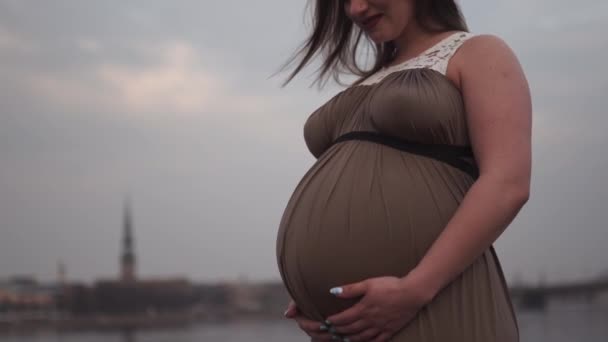 Holding hasa közelről-fiatal terhes nő boldog benne úti cél ország Lettország azzal a céllal, mint város Riga és a folyó Daugava-fehér kaukázusi lány visel szülési ruha