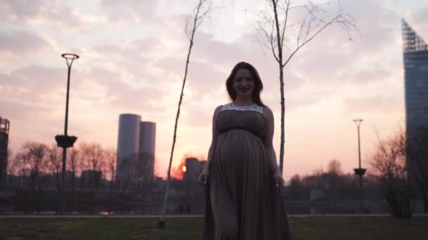 Lebendiger magenta Sonnenuntergang - junge schwangere Frau ist glücklich in ihrem Reiseland Lettland mit Blick auf die Stadt Riga und den Fluss Daugava - weißes kaukasisches Mädchen im Umstandskleid — Stockvideo