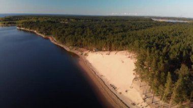 Varnukrogs nehir Lielupe üzerinde Hava Beyaz Kumul - Golden Hour günbatımı yukarıdan üst görünümü - Drone arka planda görünür dökmeyen çam sahil ormanı ile vurdu - Balta Kapa