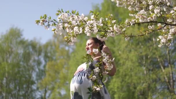 Junge Reisende schwangere Frau genießt ihre Freizeit in einem Park mit blühenden Sakura-Kirschbäumen in einem sommerlichen hellen langen Kleid mit Blumenmuster - europäische Ostseestadt Riga, Lettland — Stockvideo