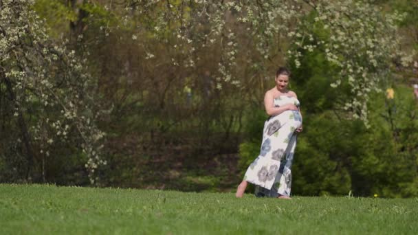 Jonge reiziger zwangere vrouw wandelen, rennen, draaien en geniet van haar vrije tijd in een park met bloeiende sakura kersenbomen in een zomer licht lange jurk met bloem patroon — Stockvideo