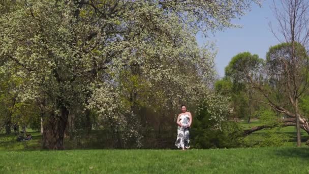 Młoda podróżniczka w ciąży spaceruje, biegnie, odwraca się i cieszy się wolnym czasem w parku z kwitnącymi drzewami wiśni sakura w letniej, długiej sukience z kwiatowym wzorem — Wideo stockowe