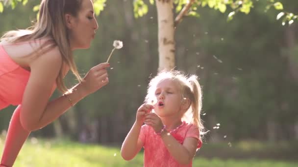 Pusteblume - glückliche Mutter spielt mit ihrer kleinen Tochter und hat Spaß - junge kaukasisch-weiße Mutter trägt sommerliches Kleid mit leuchtenden Farben - glückliches Familienkonzept — Stockvideo