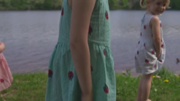 Jonge blonde hippie moeder met kwaliteit tijd met haar baby meisjes dansen in een park - Dochters dragen soortgelijke jurken met aardbei print — Stockvideo
