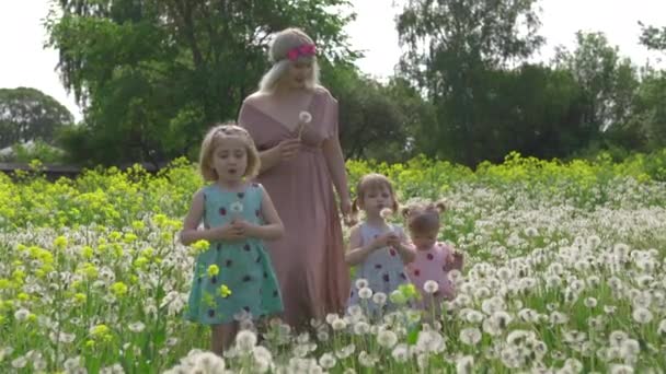 Young blonde hippie mother having quality time with her baby girls at a park blowing dandelion - Daughters wear similar dresses with strawberry print - Family values — 비디오