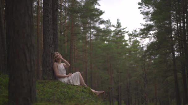 Piękna Młoda Blondynka siedzi w lesie nimfa w białej sukni w wiecznie zielonym drewnie — Wideo stockowe