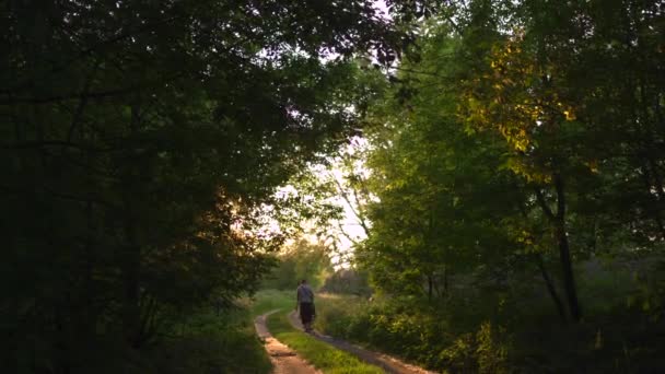 Két ember gyaloglás-naplemente ország off road gyönyörű esti napfényt sugárzás, zöld lombos fák körül-természet egy remek hely a kikapcsolódásra, a háttérben — Stock videók
