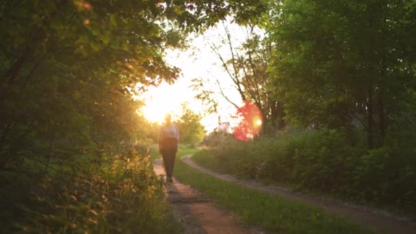 Zrní žena v kalhotách a bílé košili chůze-západ slunce po silnici s nádhernou večerní sluneční paprsky, zelené listí kolem-příroda je skvělým místem na relaxaci v pozadí — Stock video