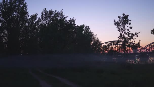 Brume nocturne effrayante dans un parc de Riga, Lettonie avec des couleurs de coucher de soleil vives rose et violet en arrière-plan et une fumée effrayante flottant — Video
