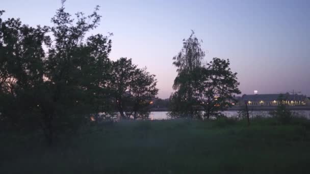 Niebla de la noche espeluznante en un parque de la ciudad de Riga, Letonia con colores vivos de la puesta del sol rosa y violeta en el fondo y humo aterrador flotando — Vídeos de Stock