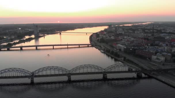 Aerial shot of Riga city - European capital in Latvia - Drone top view cinematic professional panning - Old town and railroad bridge — Stock Video