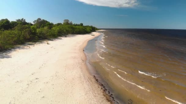 Lotnicze pływające nad pięknym białym raju piasku plaży na Łotwie i Zatoki Morza Bałtyckiego — Wideo stockowe