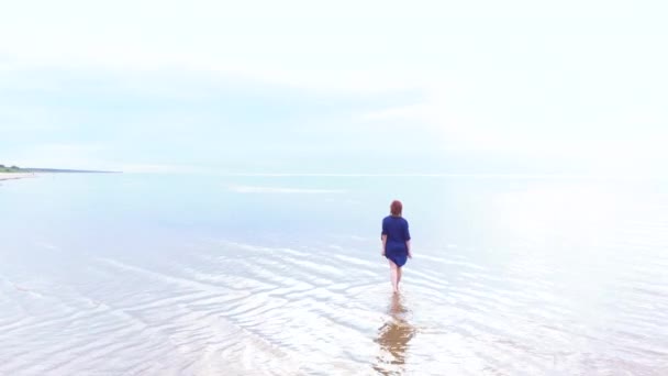 Aéreo: Jovem mulher de vestido azul brilhante andando por aí - Paisagem de pôr do sol amarelada cênica de águas rasas no Mar Báltico - Vista de voo de drones de cima — Vídeo de Stock