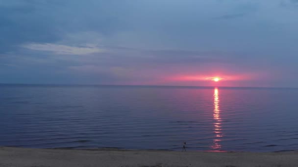 Antena: młoda kobieta w spódnicy chodzenie wzdłuż plaży ciesząc się życiem i naturą daleko w tle-Drone Latający widok z góry — Wideo stockowe