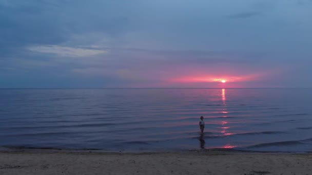 空中:遠く離れた背景に生活と自然を楽しんでビーチに沿って歩くスカートの若い女性 - 上空からドローン飛行ビュー — ストック動画