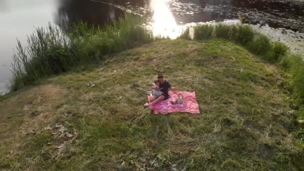 Anten: Genç anne bir parkta piknik onun bebek kız kızları ile - Aile değerleri sıcak renk yaz sahnesi drone üst yukarıdan vurdu — Stok video