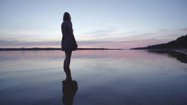 Jovem mulher em um vestido de verão curto em pé perto do rio desfrutando de vida e natureza fundo distante no pôr do sol — Vídeo de Stock