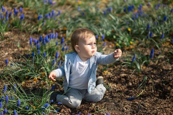 Madre joven jugando y hablando con un hijo bebé en un campo de muscari en primavera - Día soleado - Jacinto de uva - Riga, Letonia —  Fotos de Stock