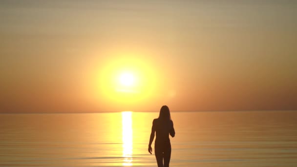 Woman silhouette walking towards sunset setting sun in sea — Stock Video